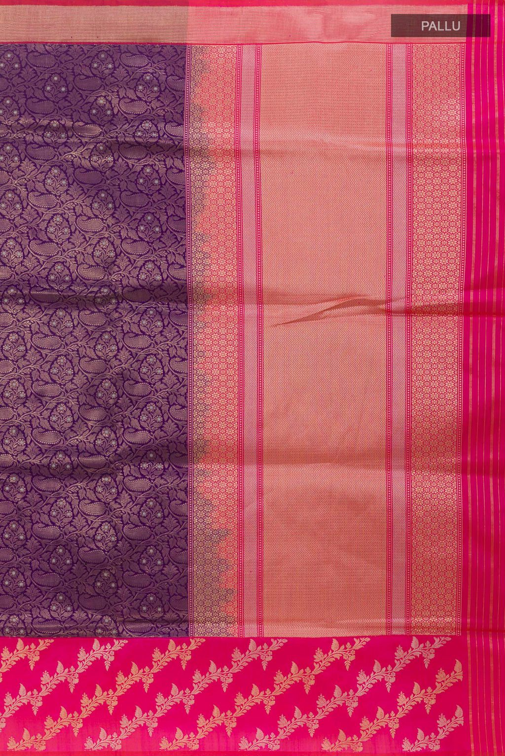 Close up image of the pallu of Purple Banarasi Silk Saree with Zari Brocade on the body and Zari Border. 