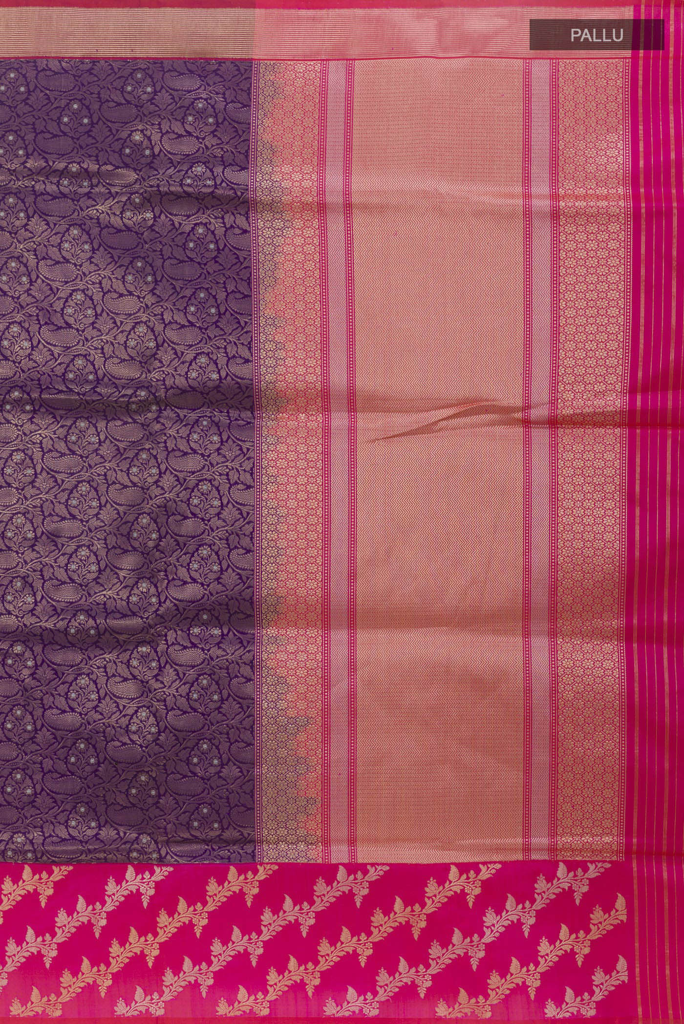 Close up image of the pallu of Purple Banarasi Silk Saree with Zari Brocade on the body and Zari Border. 