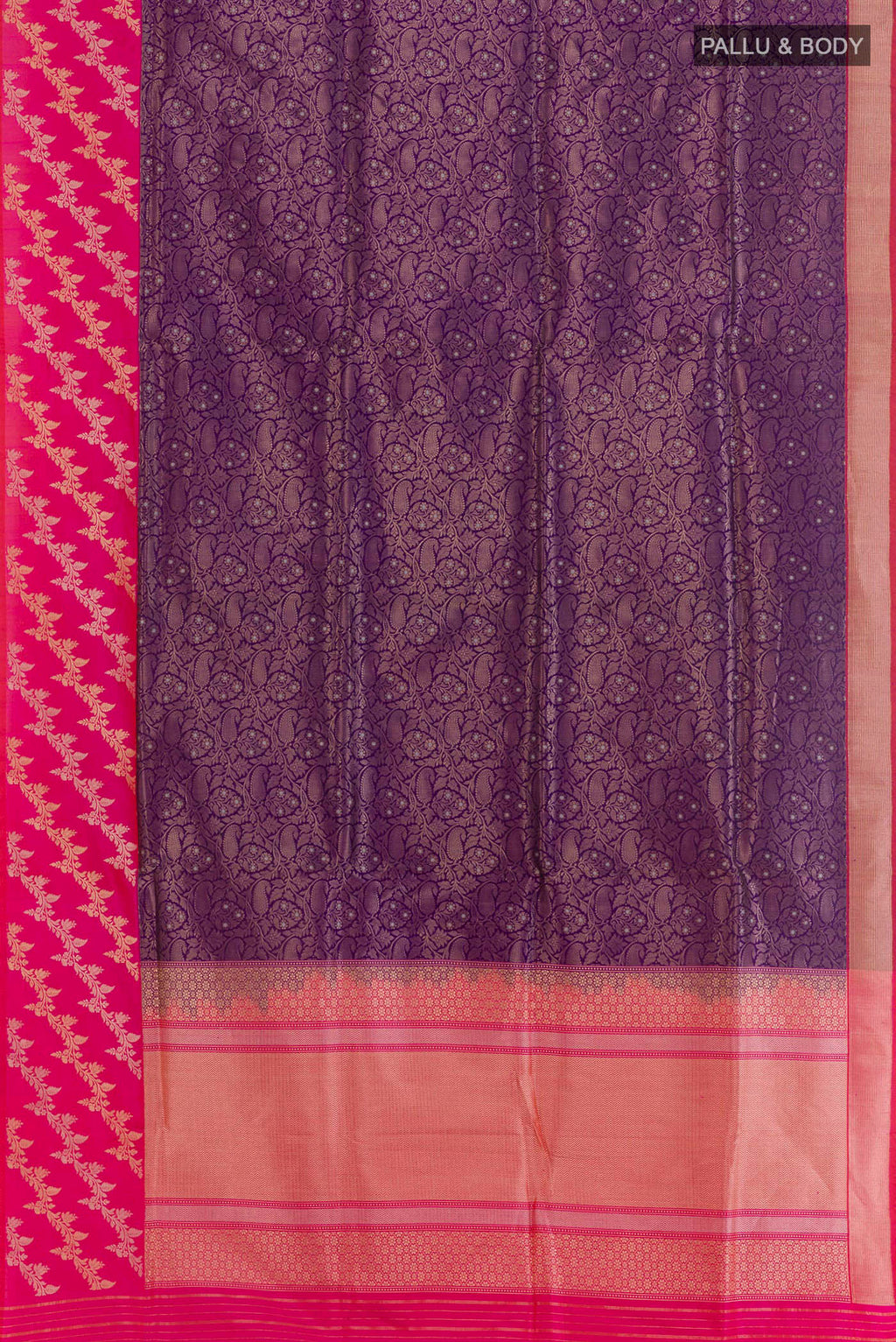 Flat view of Purple Banarasi Silk Saree with Zari Brocade on the body and Zari Border. 