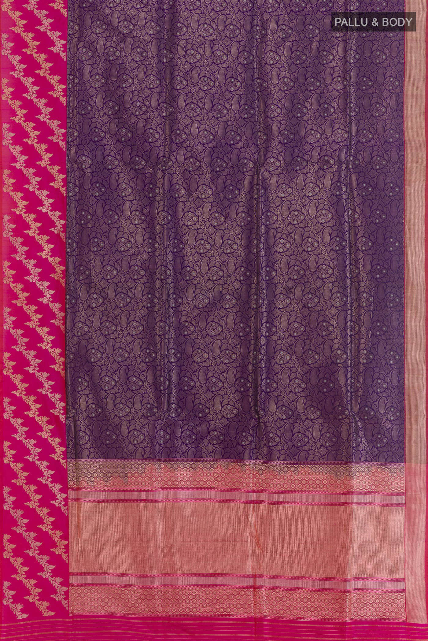 Flat view of Purple Banarasi Silk Saree with Zari Brocade on the body and Zari Border. 