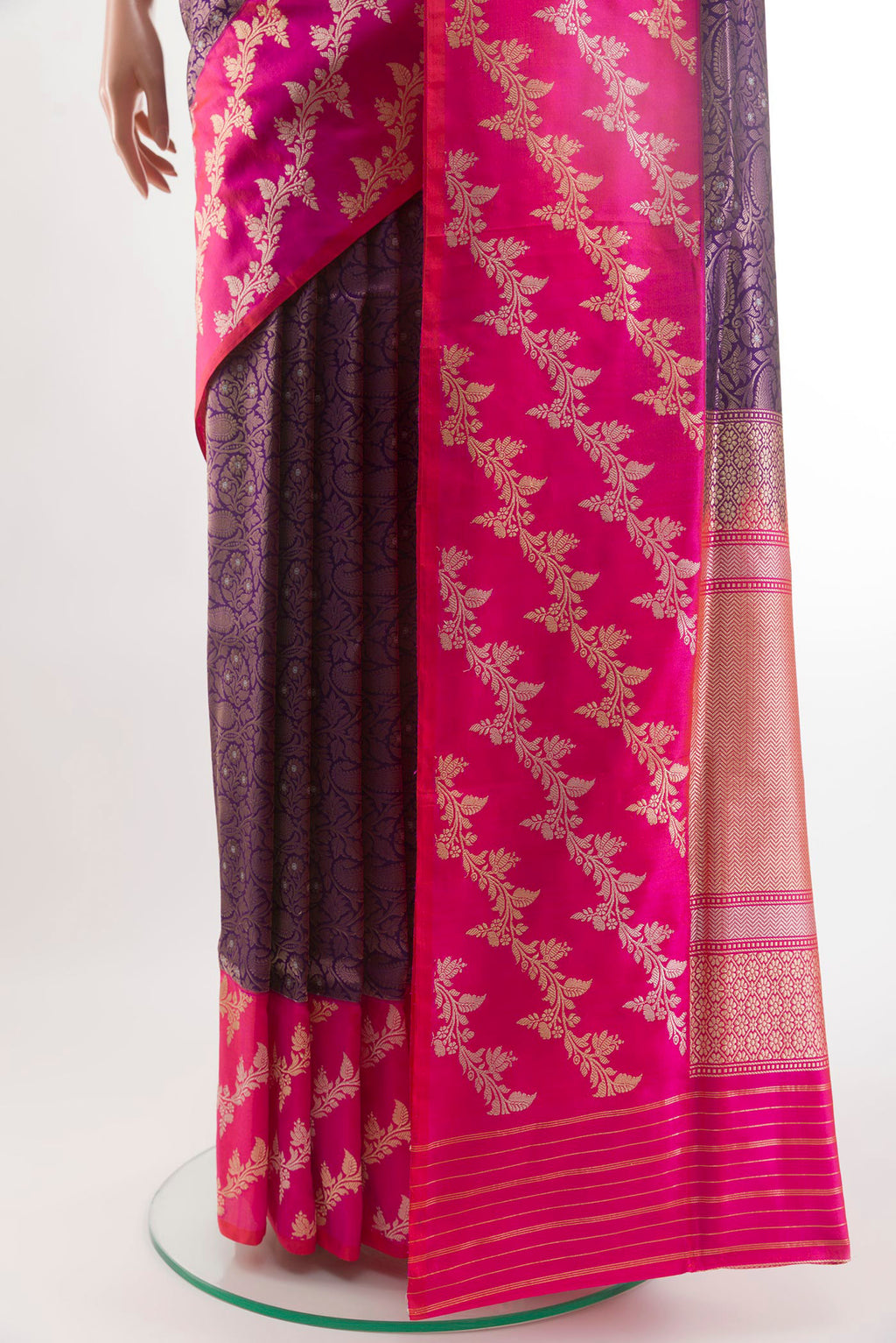 Pleats and pallu of Purple Banarasi Silk Saree with Zari Brocade on the body and Zari Border. 