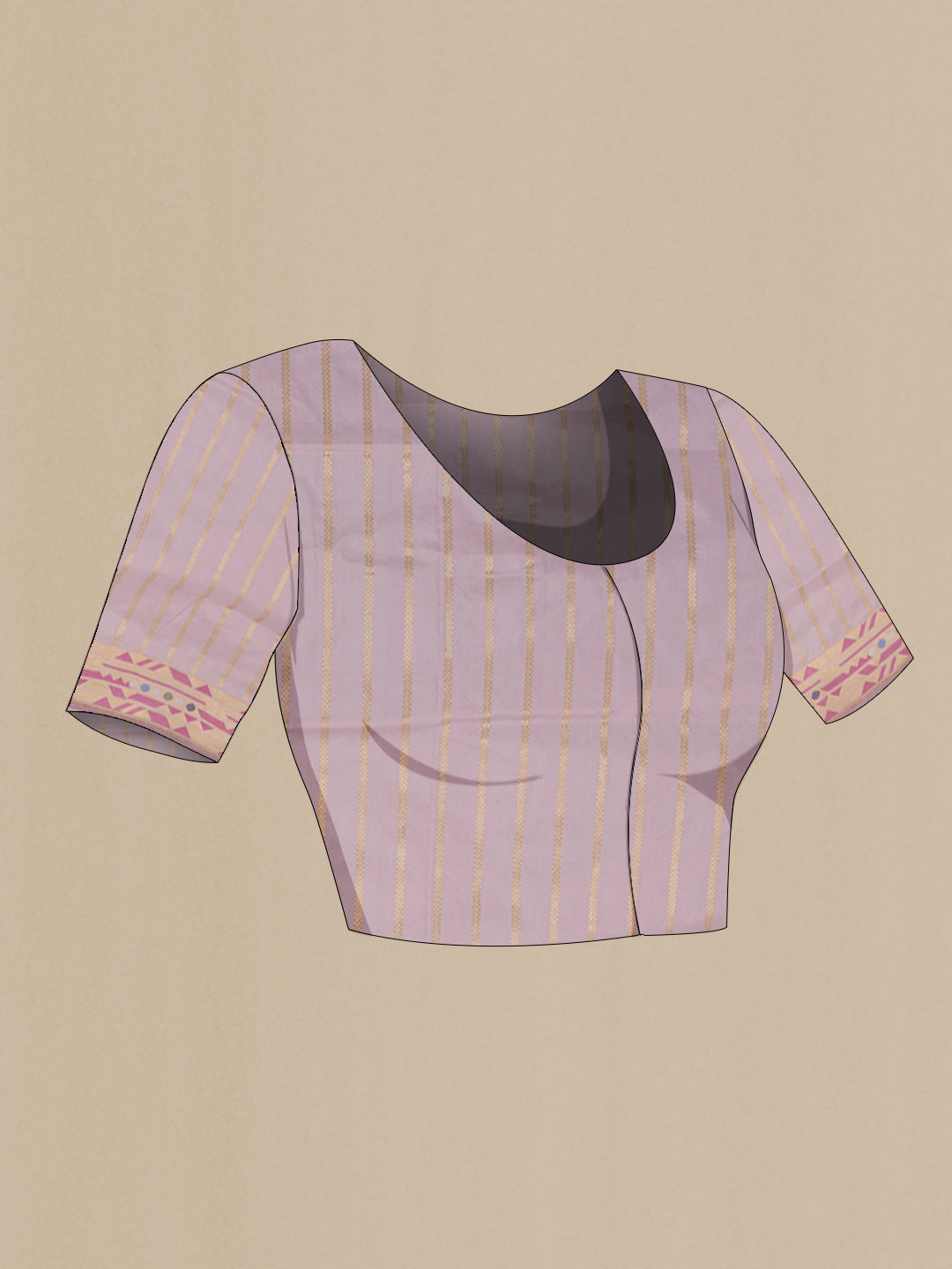 Close up image of the blouse of Lavender Banarasi Silk Saree with Zari Butta on the body and Zari Border. 