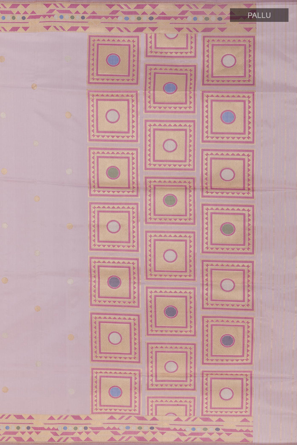 Close up image of the pallu of Lavender Banarasi Silk Saree with Zari Butta on the body and Zari Border. 