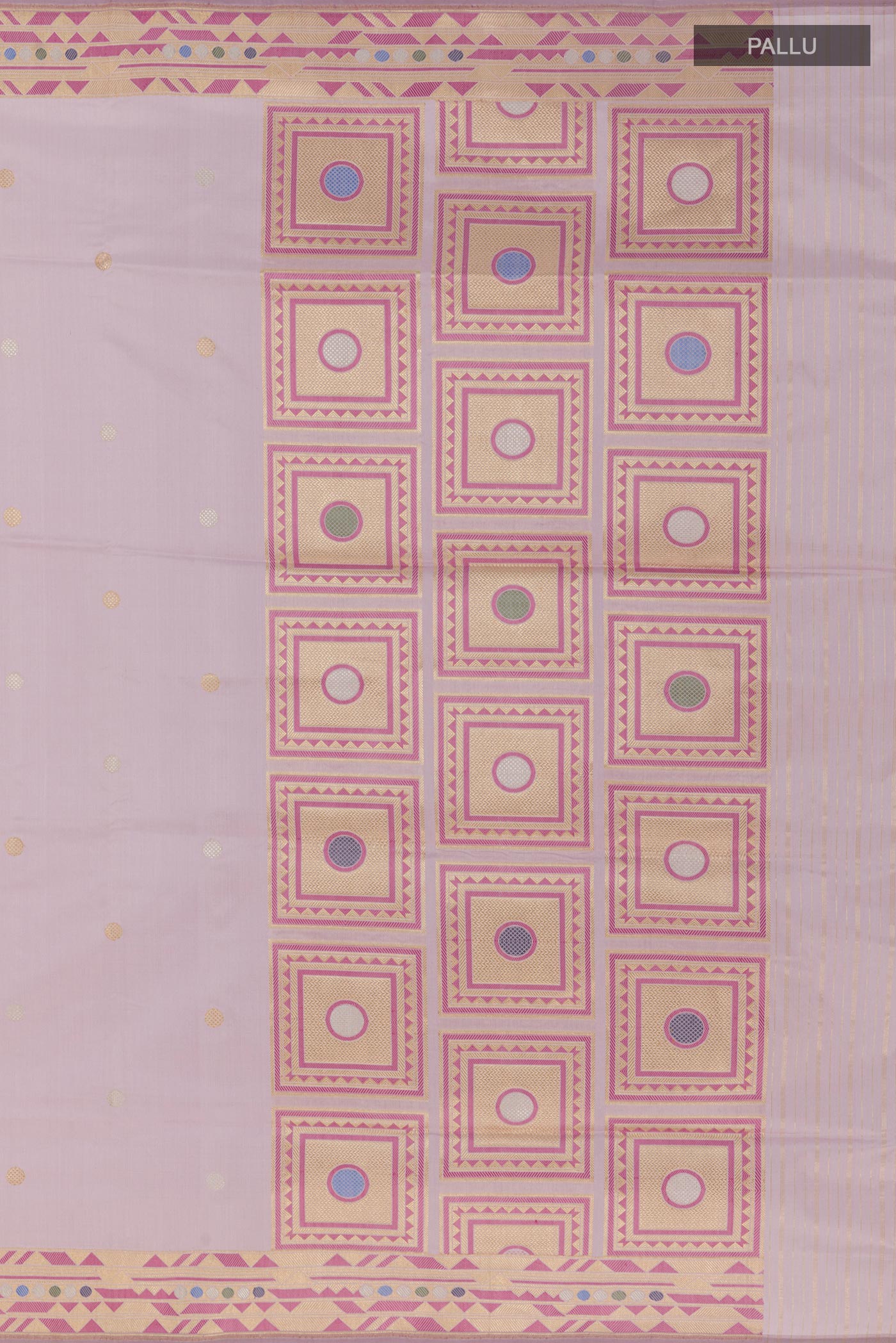 Close up image of the pallu of Lavender Banarasi Silk Saree with Zari Butta on the body and Zari Border. 