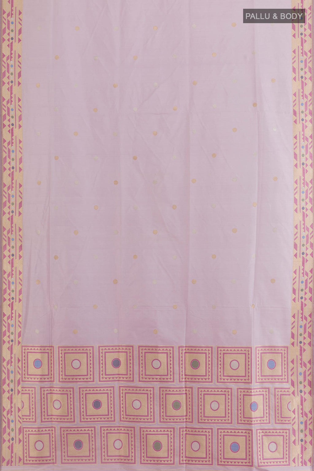 Flat view of Lavender Banarasi Silk Saree with Zari Butta on the body and Zari Border. 