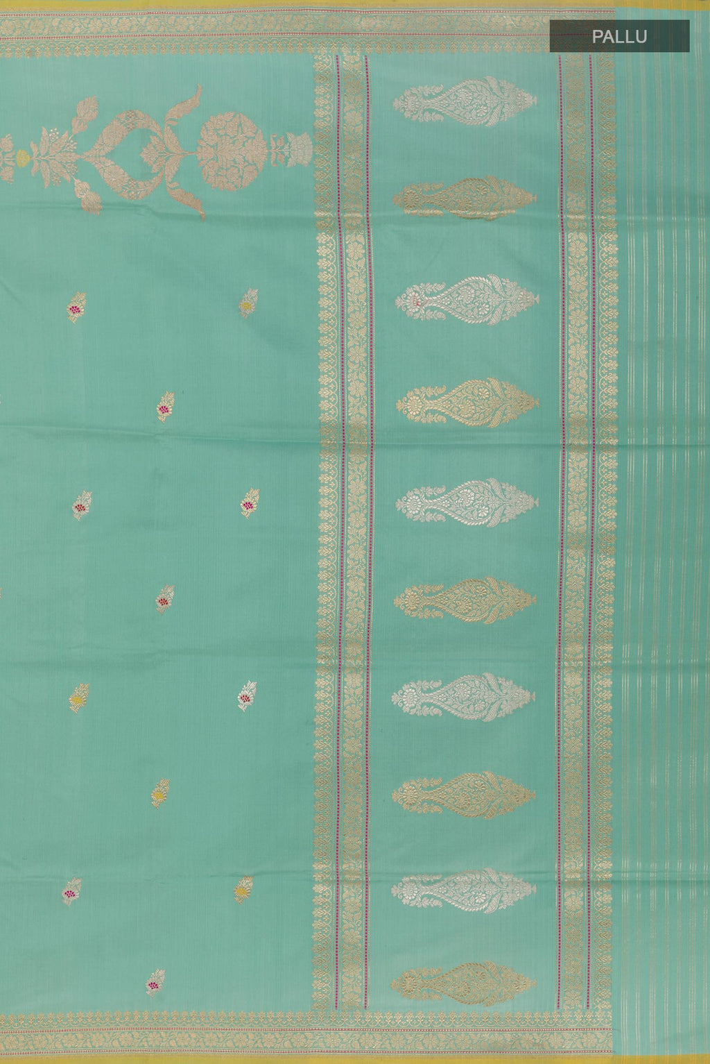 Close up image of the pallu of Light Blue Banarasi Silk Saree with Zari Butta on the body and Zari Border. 