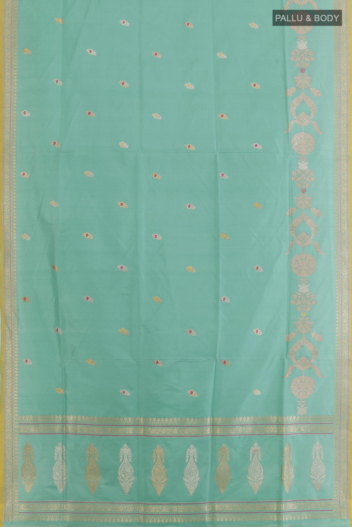 Flat view of Light Blue Banarasi Silk Saree with Zari Butta on the body and Zari Border. 