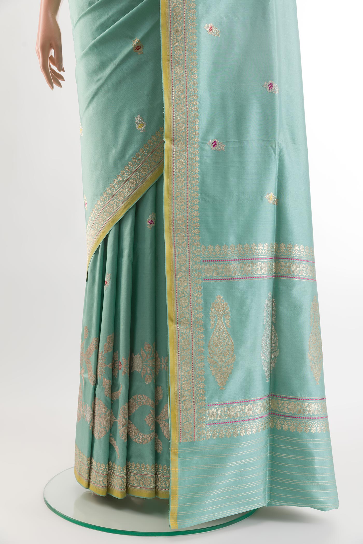 Pleats and pallu of Light Blue Banarasi Silk Saree with Zari Butta on the body and Zari Border. 