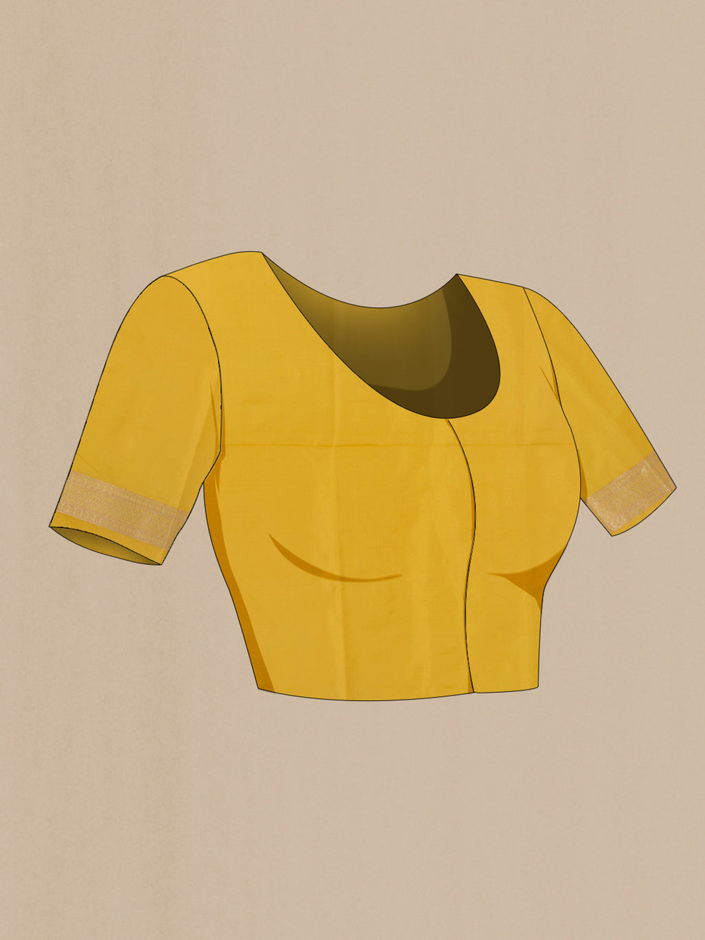 Close up image of the blouse of Mustard Banarasi Silk Saree with Zari Butta on the body and Zari Border. 
