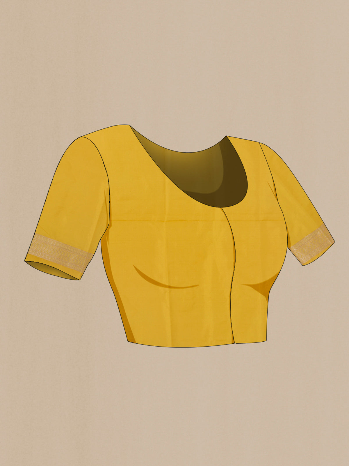 Close up image of the blouse of Mustard Banarasi Silk Saree with Zari Butta on the body and Zari Border. 
