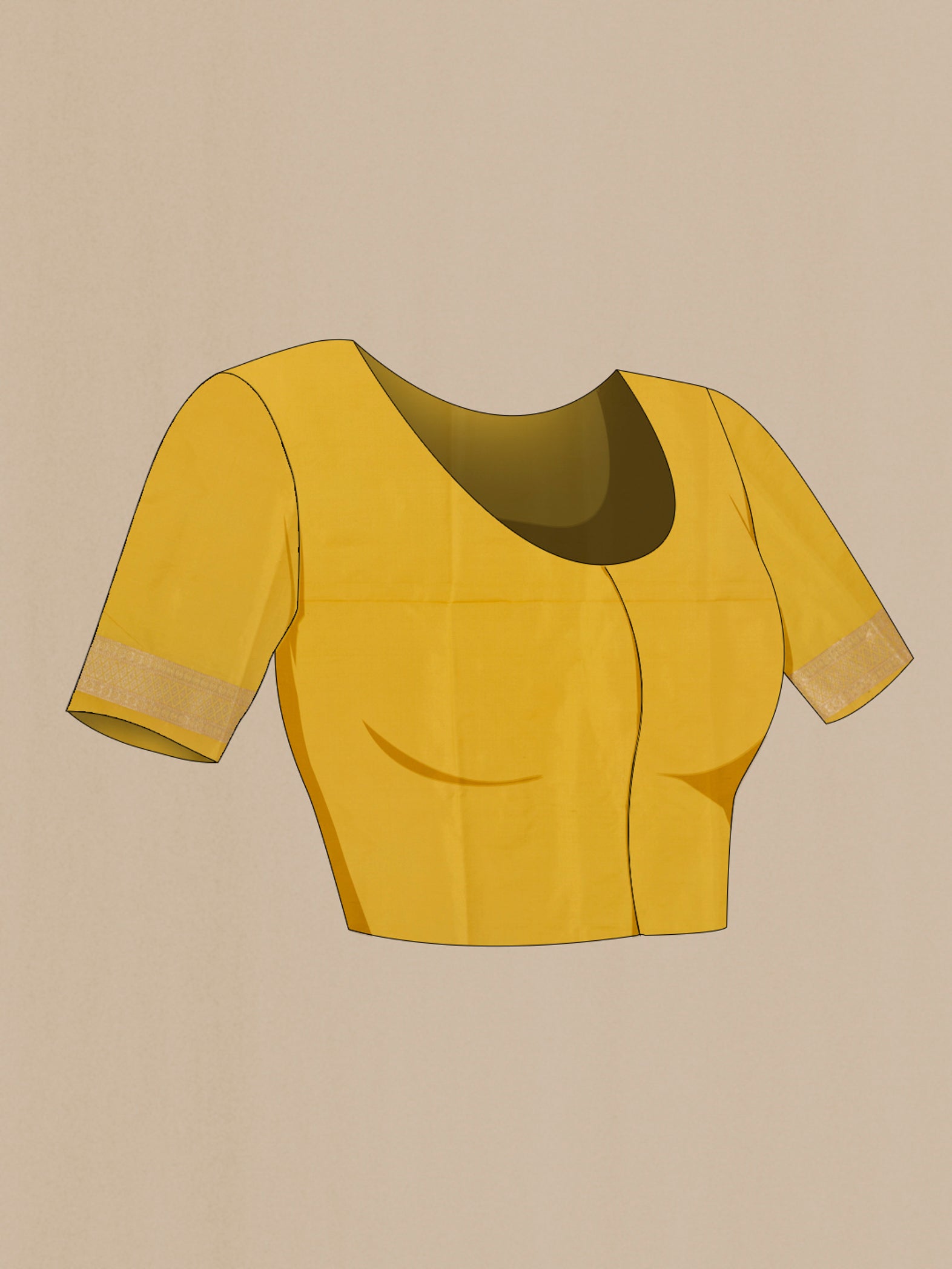 Close up image of the blouse of Mustard Banarasi Silk Saree with Zari Butta on the body and Zari Border. 