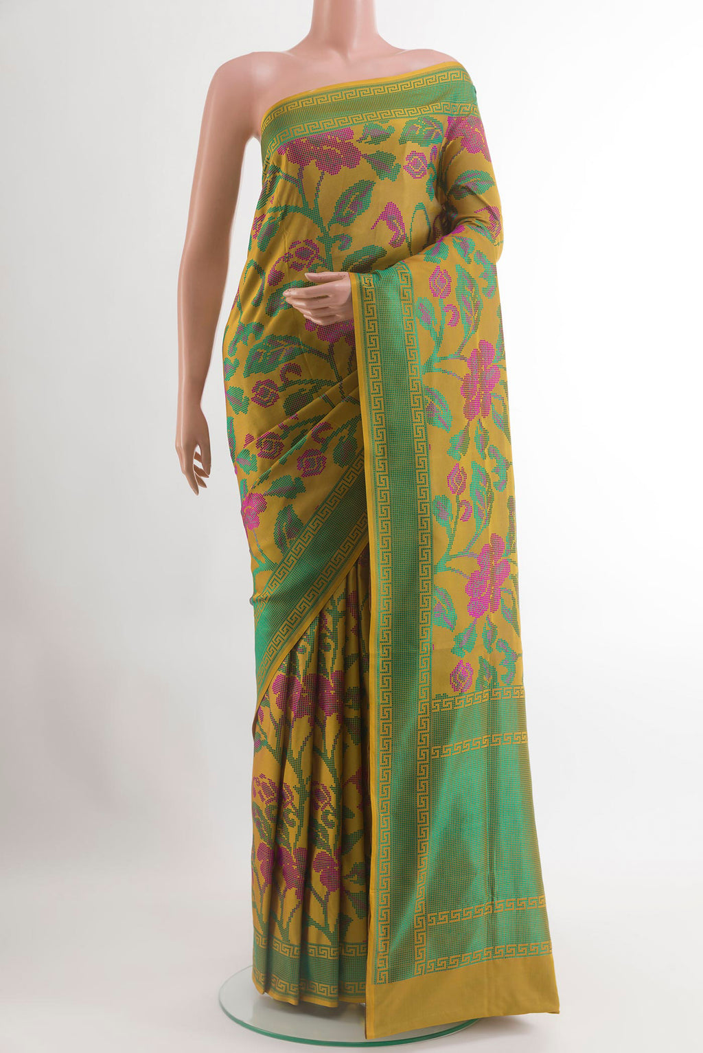 Mehandi Green Banarasi Silk Saree with Jacquard design on the body and Thread Border.  displayed on a mannequin