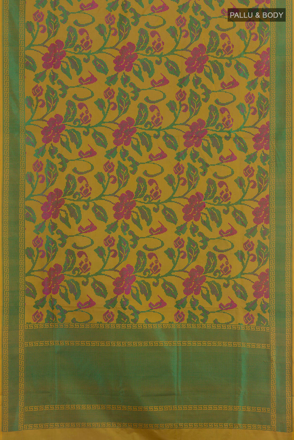 Flat view of Mehandi Green Banarasi Silk Saree with Jacquard design on the body and Thread Border. 