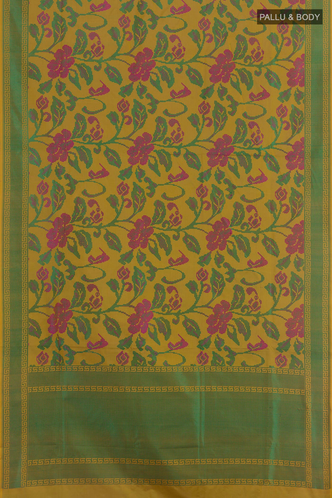 Flat view of Mehandi Green Banarasi Silk Saree with Jacquard design on the body and Thread Border. 