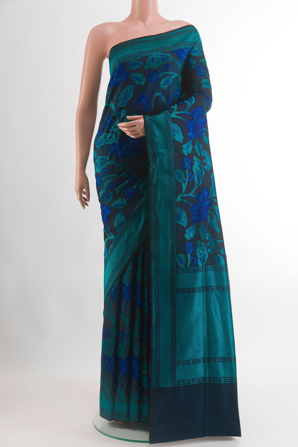 Dark Blue Banarasi Silk Saree with Jacquard design on the body and Thread Border.  displayed on a mannequin