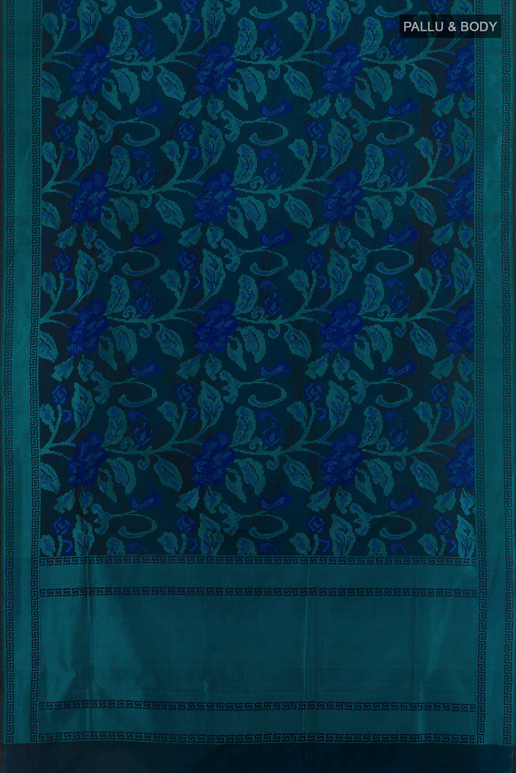 Flat view of Dark Blue Banarasi Silk Saree with Jacquard design on the body and Thread Border. 