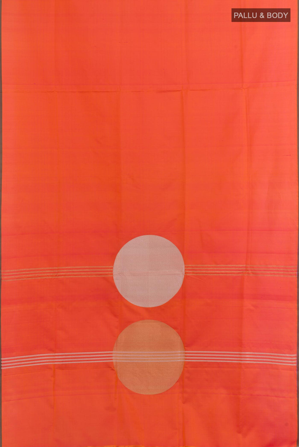 Flat view of Orange Banarasi Silk Saree with Plain Body and Zari Border. 
