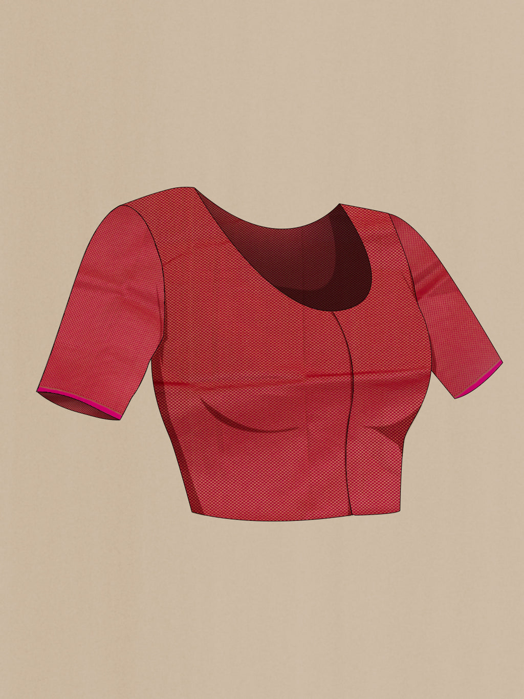 Close up image of the blouse of Dark Pink Banarasi Silk Saree with Stripes on the body and Zari Border. 