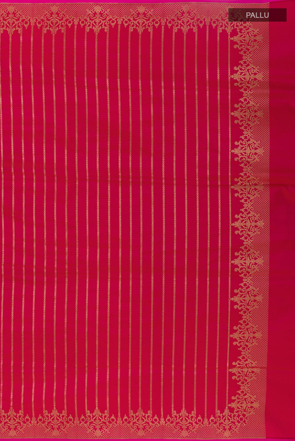 Close up image of the pallu of Dark Pink Banarasi Silk Saree with Stripes on the body and Zari Border. 