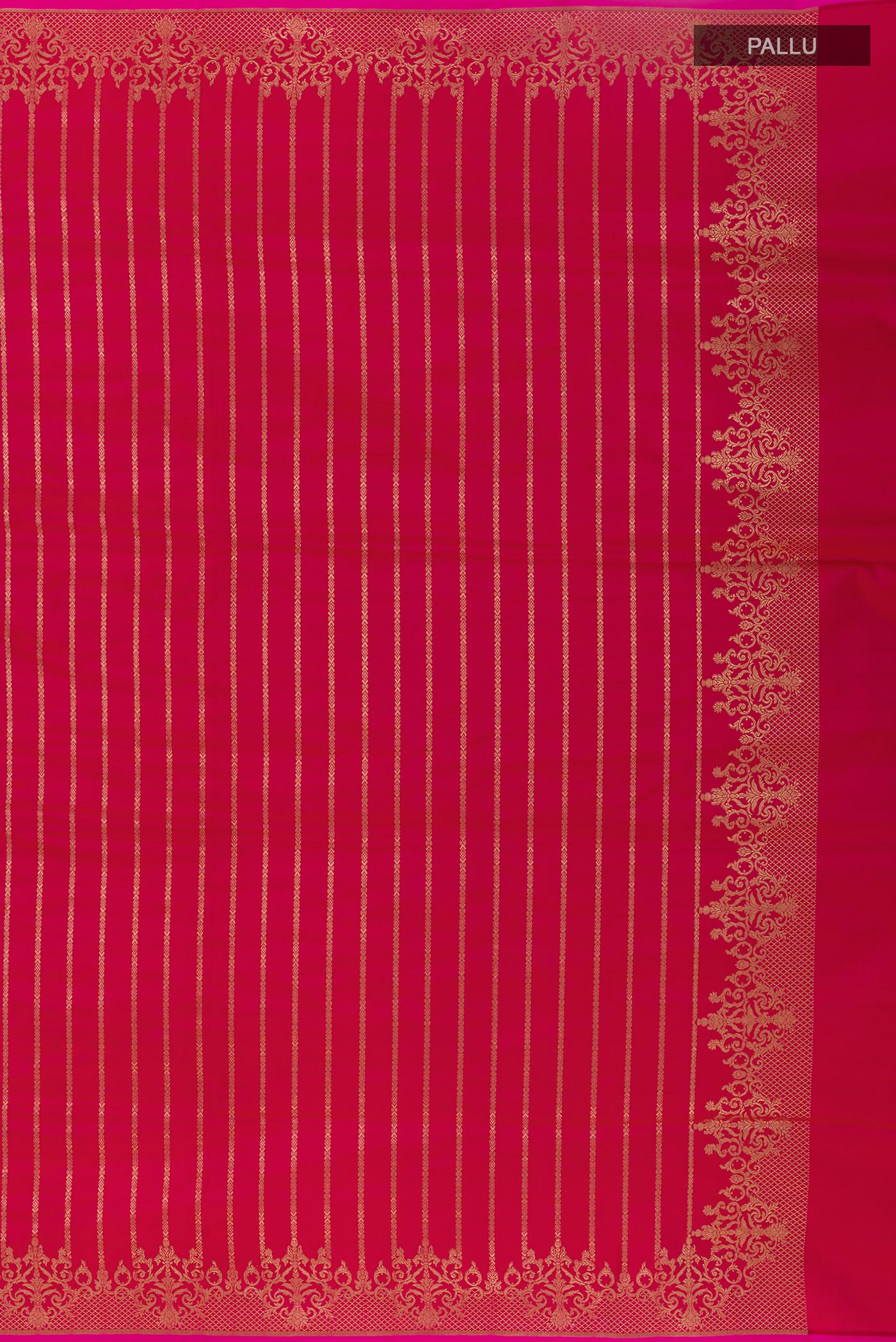 Close up image of the pallu of Dark Pink Banarasi Silk Saree with Stripes on the body and Zari Border. 