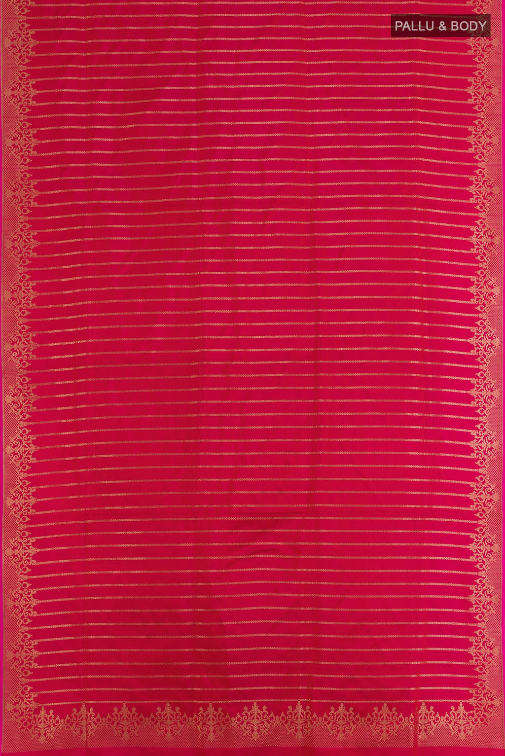 Flat view of Dark Pink Banarasi Silk Saree with Stripes on the body and Zari Border. 