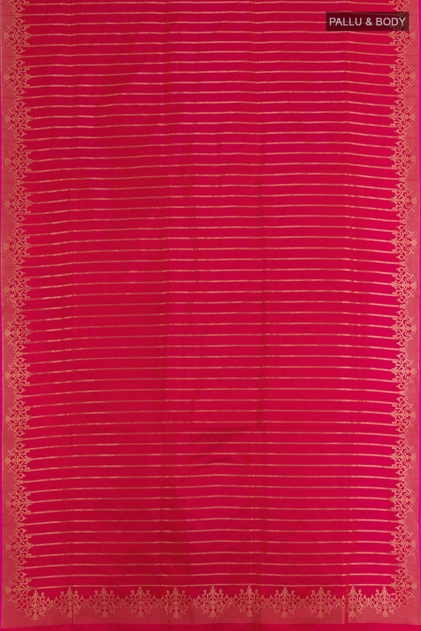 Flat view of Dark Pink Banarasi Silk Saree with Stripes on the body and Zari Border. 