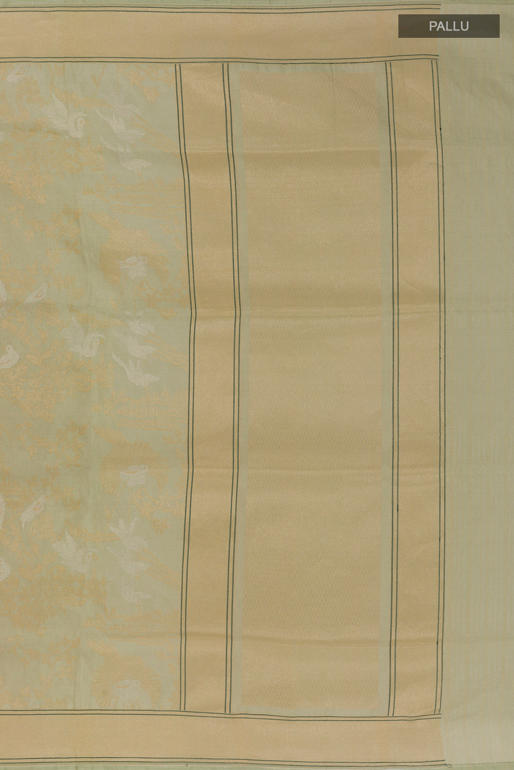 Close up image of the pallu of Pure Silk Light Green Banarasi Saree with Zari Brocade on the body and Zari Border. 