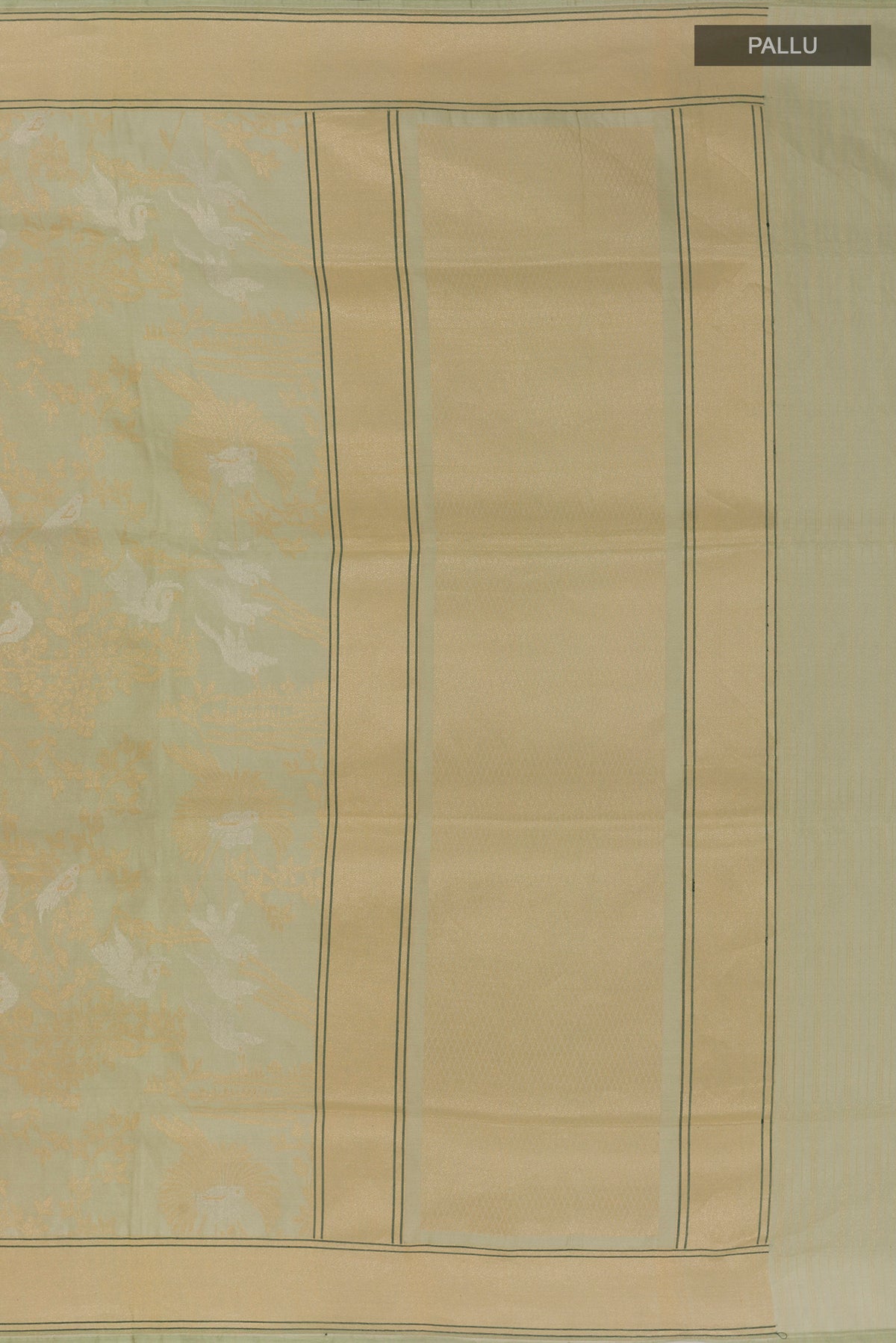 Close up image of the pallu of Pure Silk Light Green Banarasi Saree with Zari Brocade on the body and Zari Border. 