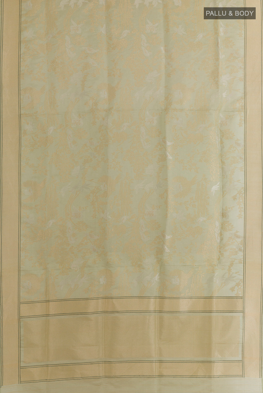 Flat view of Pure Silk Light Green Banarasi Saree with Zari Brocade on the body and Zari Border. 