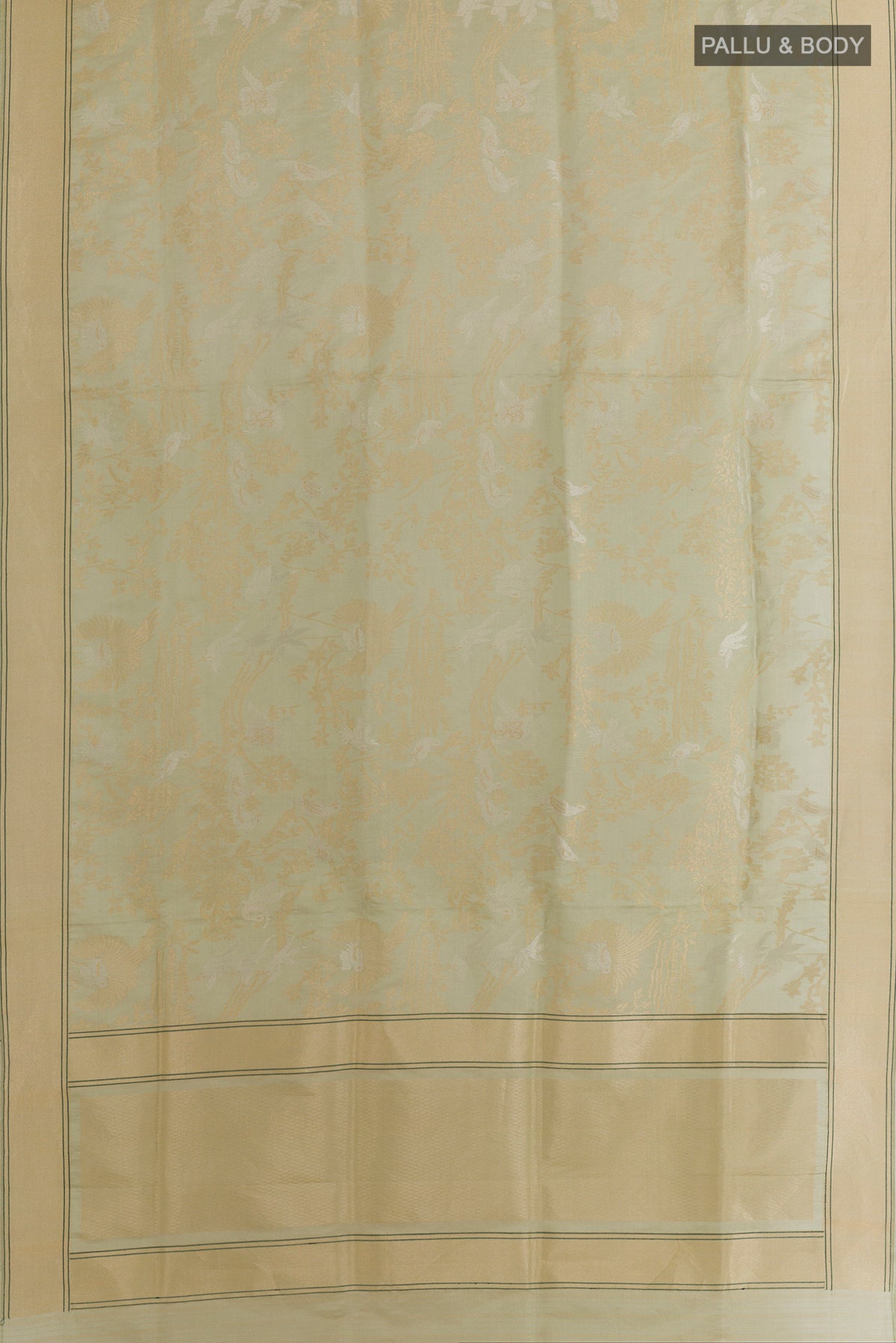 Flat view of Pure Silk Light Green Banarasi Saree with Zari Brocade on the body and Zari Border. 