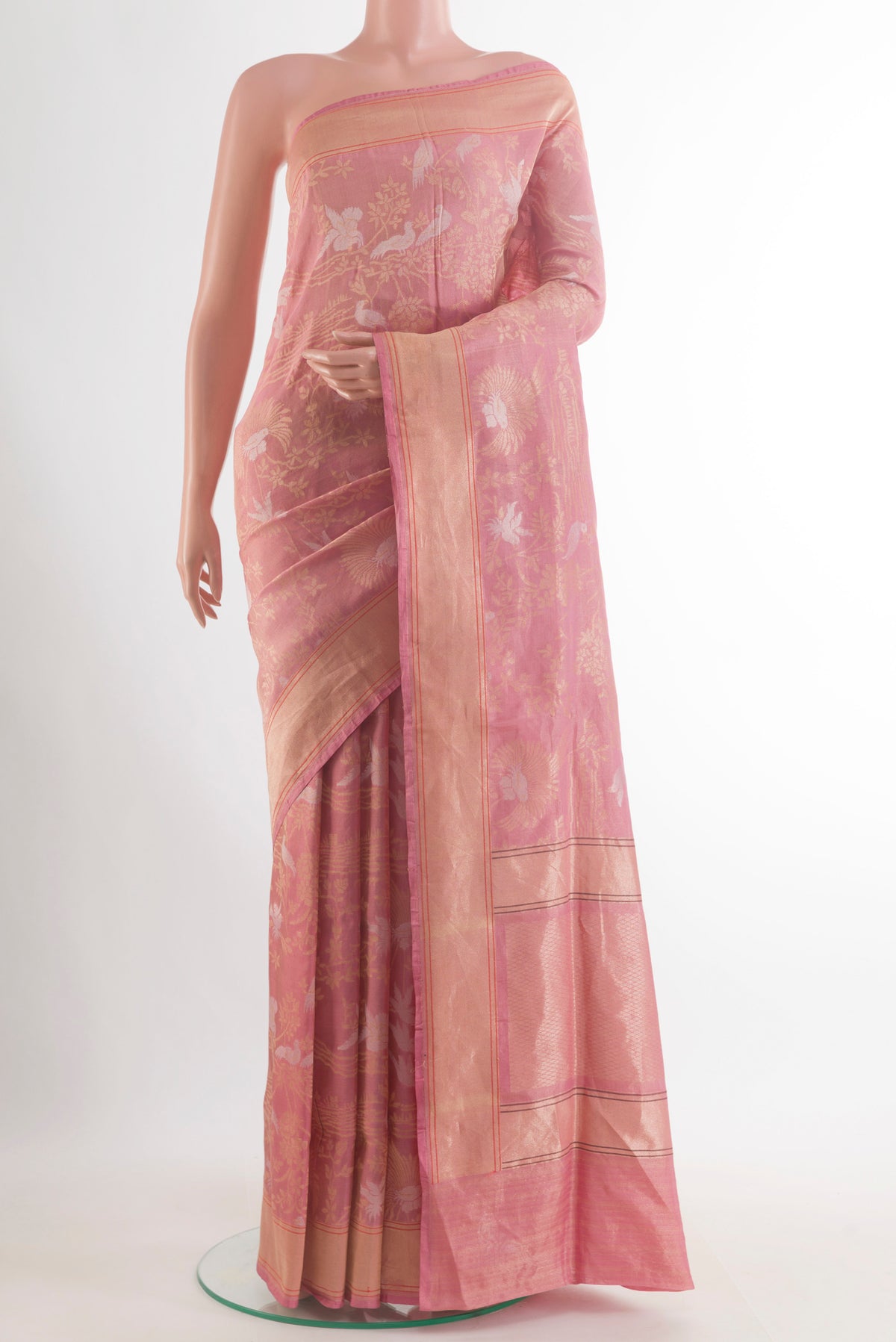 Pure Silk Pink Banarasi Saree with Zari Brocade on the body and Zari Border.  displayed on a mannequin