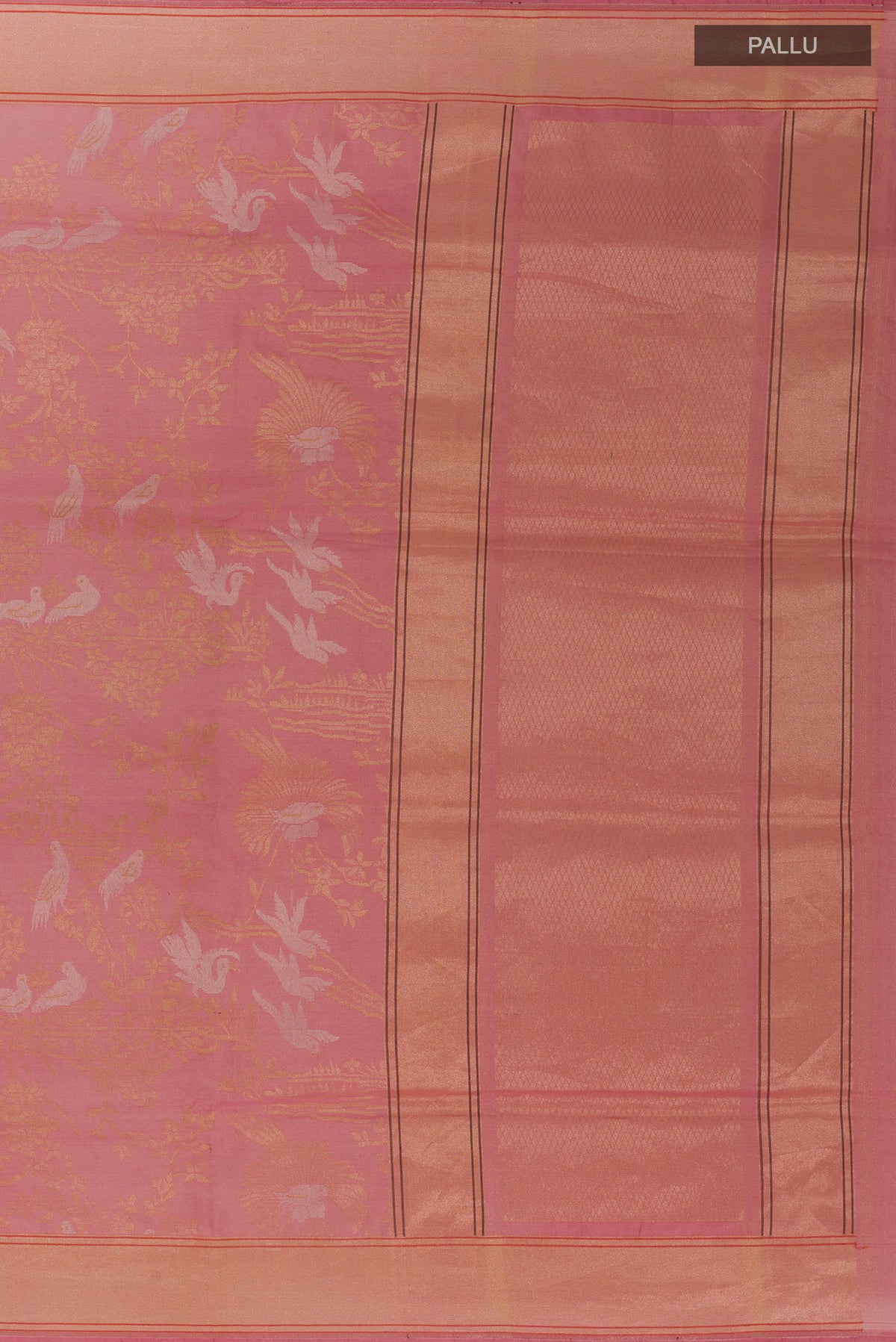 Close up image of the pallu of Pure Silk Pink Banarasi Saree with Zari Brocade on the body and Zari Border. 