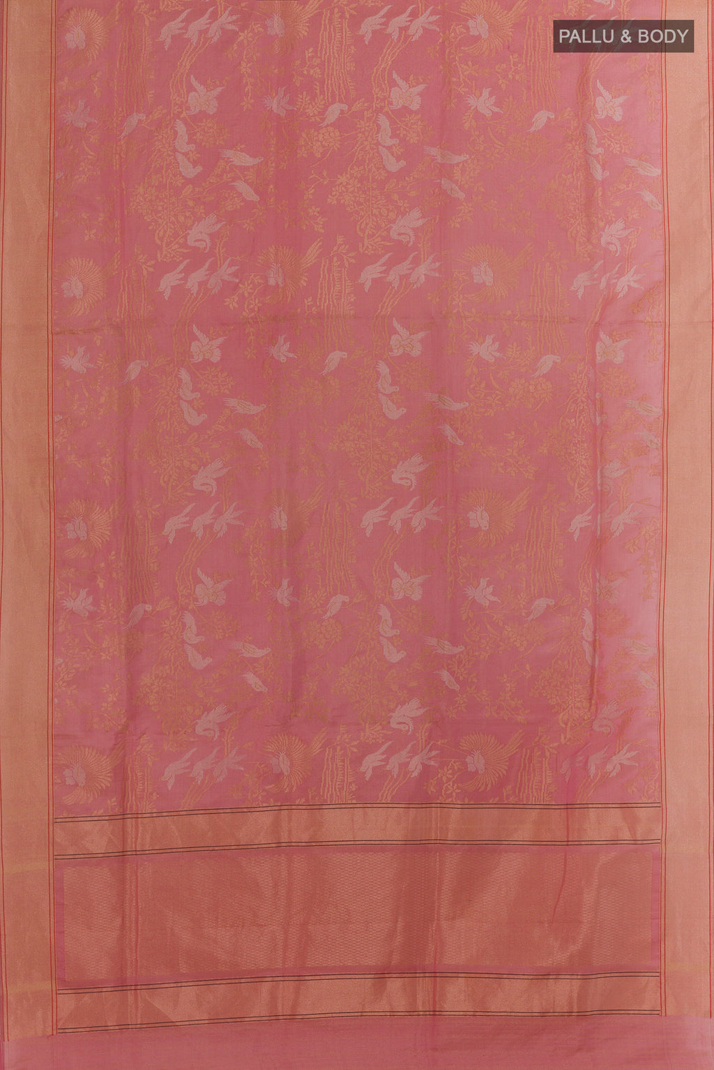 Flat view of Pure Silk Pink Banarasi Saree with Zari Brocade on the body and Zari Border. 