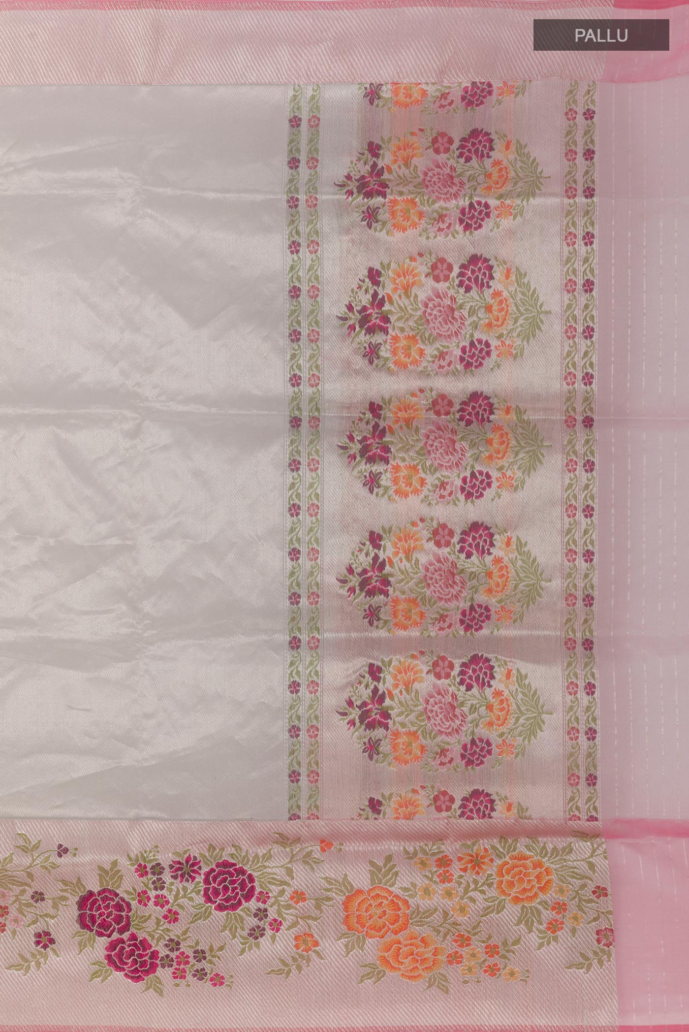 Close up image of the pallu of Silver Banarasi Tissue Silk Saree with Plain Body and Zari Border. 