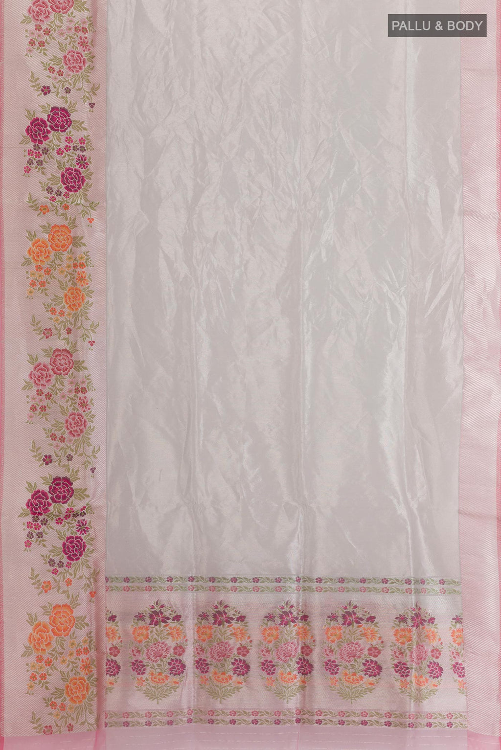 Flat view of Silver Banarasi Tissue Silk Saree with Plain Body and Zari Border. 