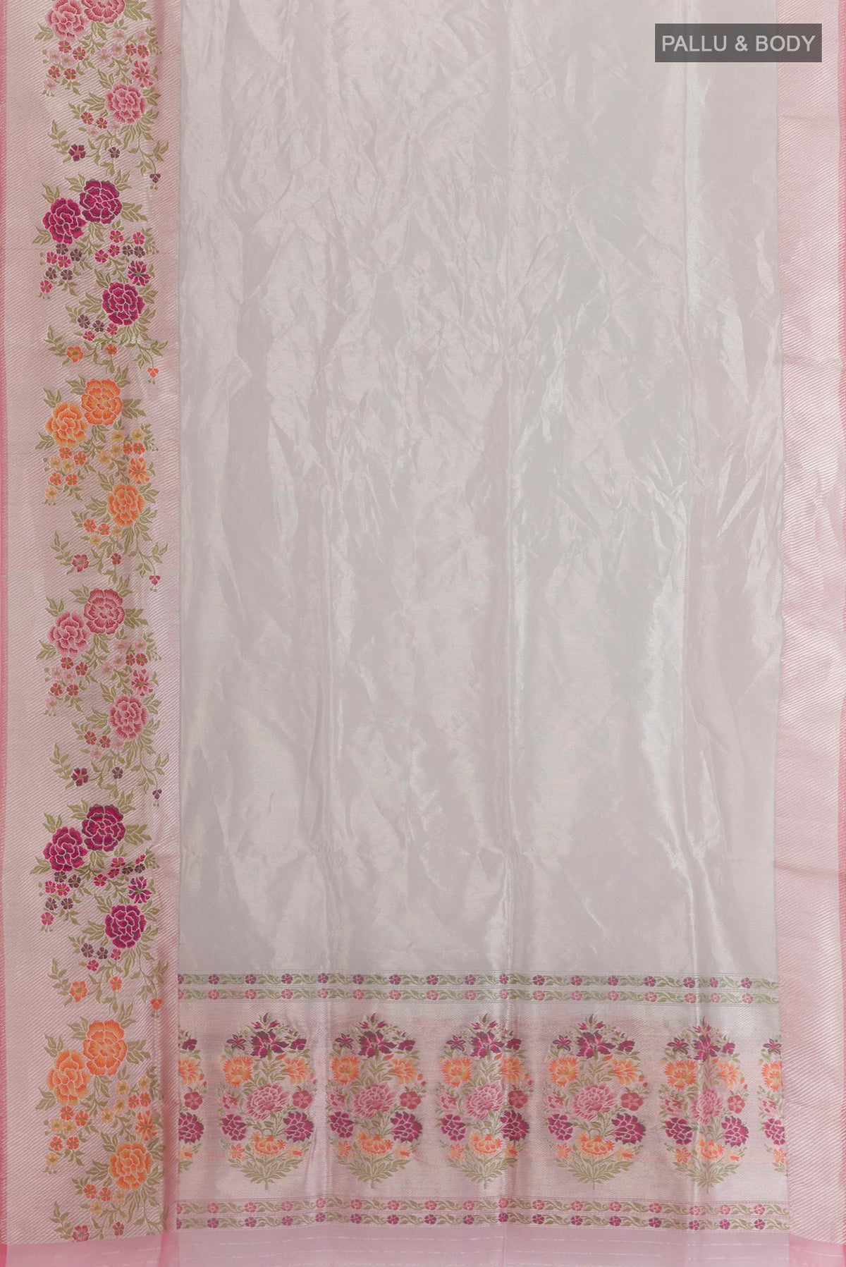 Flat view of Silver Banarasi Tissue Silk Saree with Plain Body and Zari Border. 