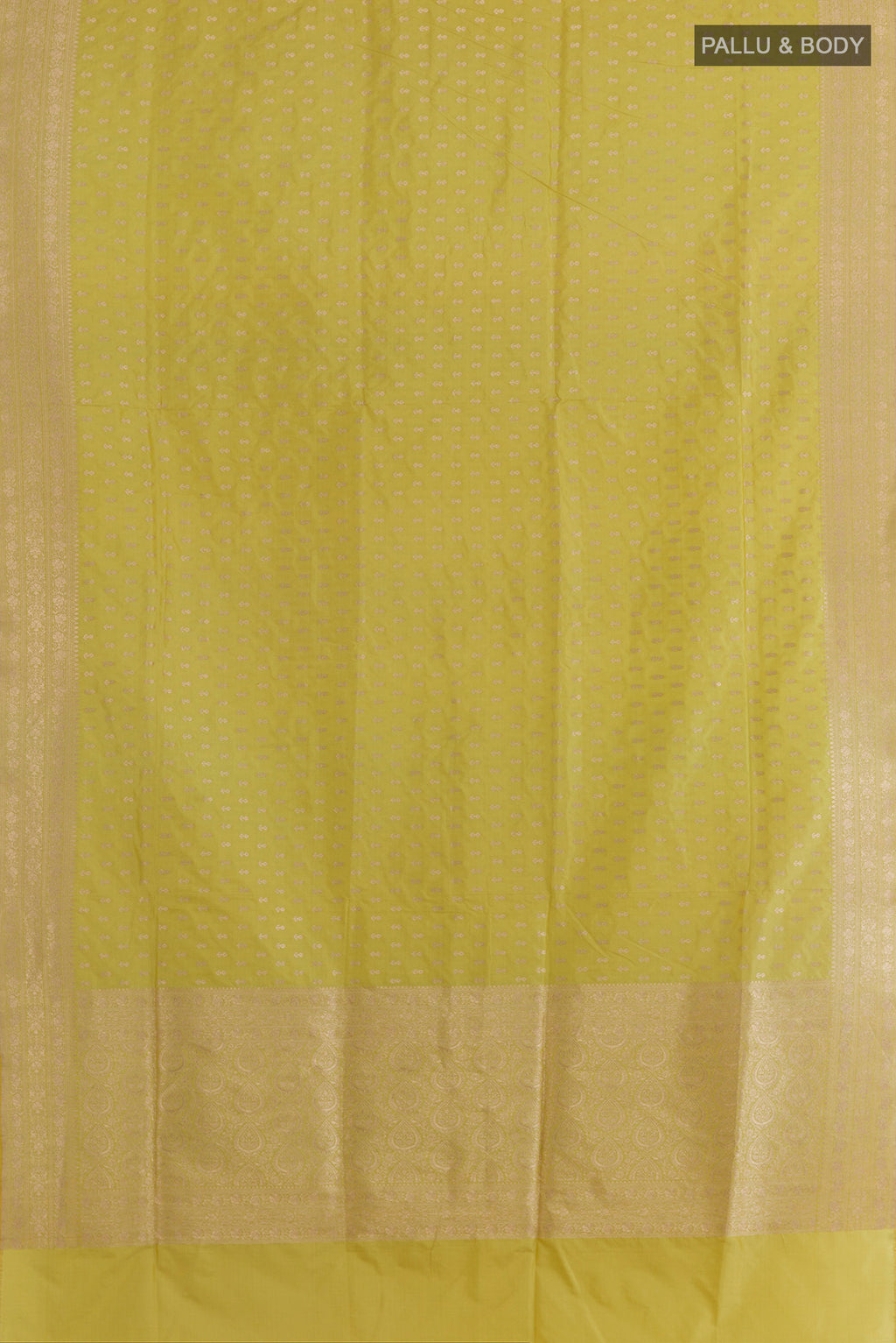 Flat view of Pure Silk Yellow Banarasi Saree with Zari Brocade on the body and Zari Border. 
