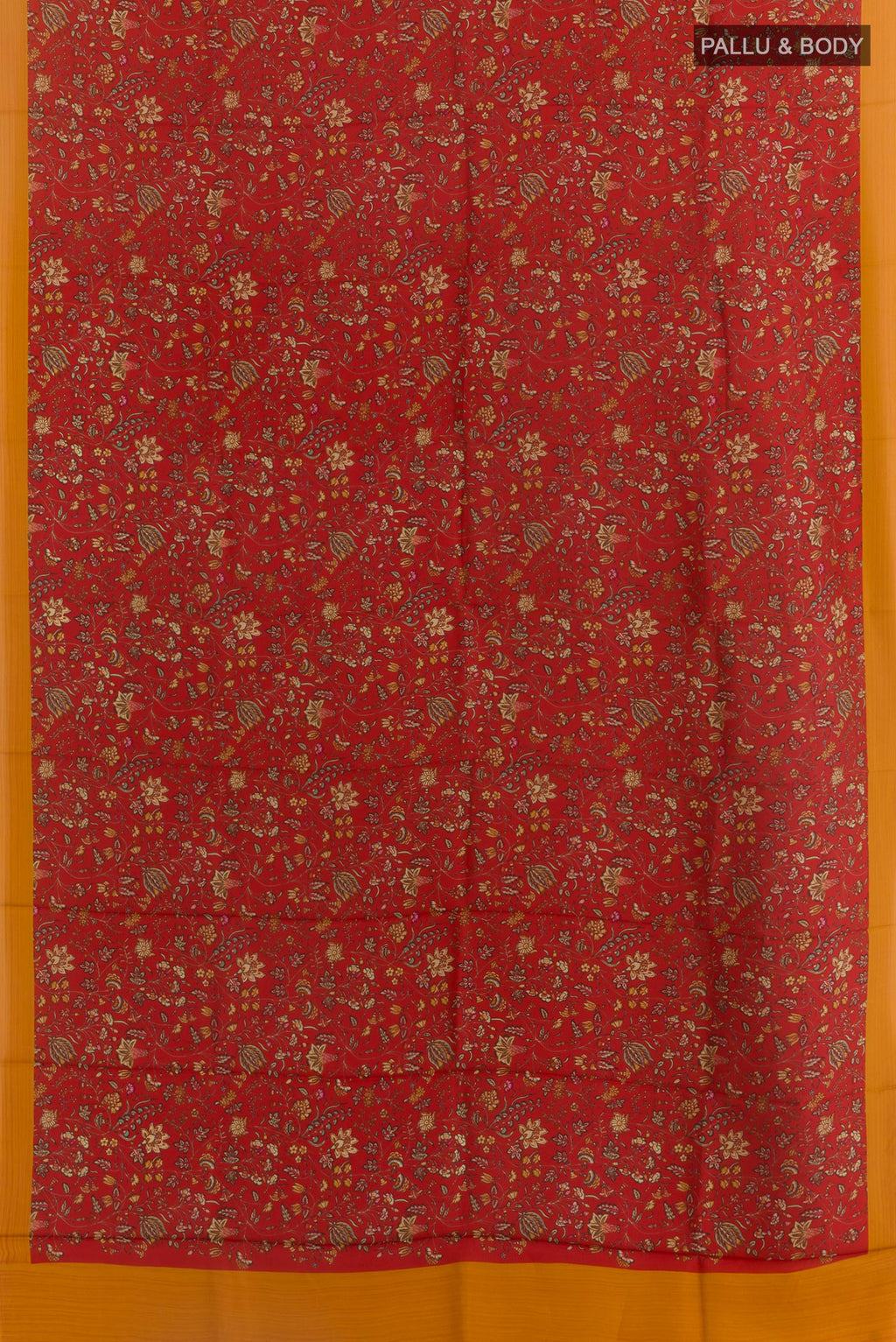 Flat view of Red Printed Silk Saree with Printed design on the body and Plain Border. 
