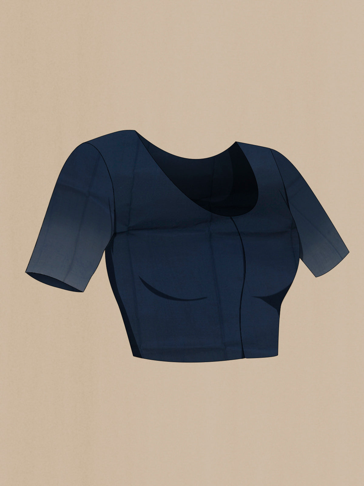 Close up image of the blouse of Navy Blue Printed Silk Saree with Printed design on the body and Plain Border. 