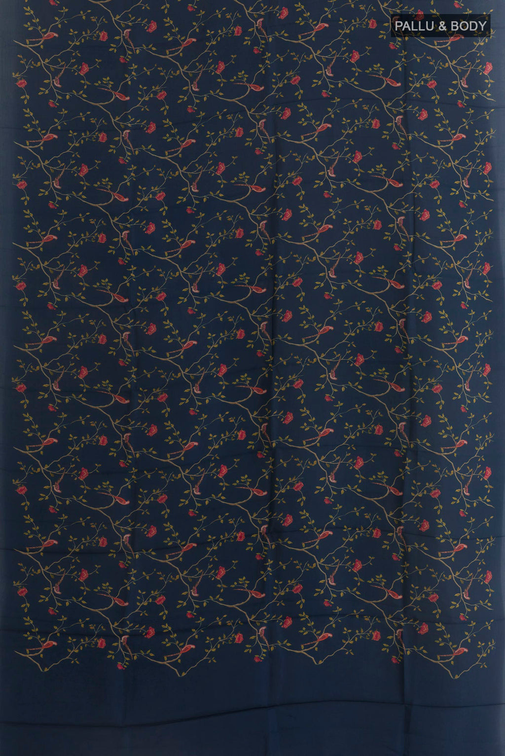 Flat view of Navy Blue Printed Silk Saree with Printed design on the body and Plain Border. 