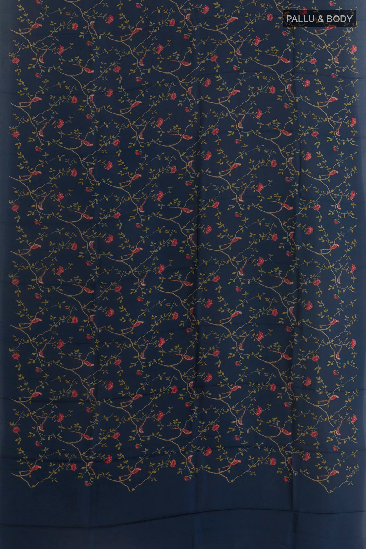 Flat view of Navy Blue Printed Silk Saree with Printed design on the body and Plain Border. 
