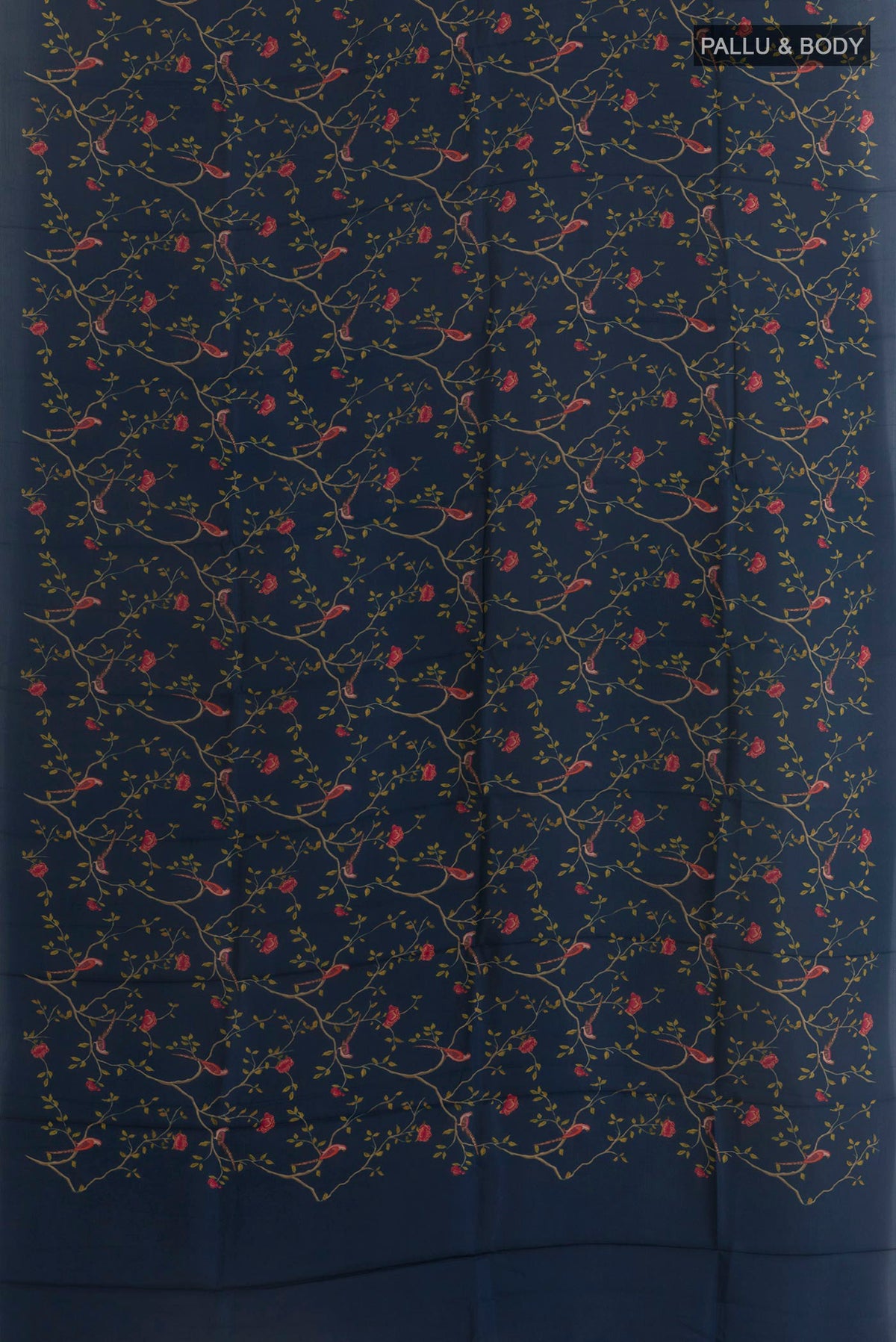 Flat view of Navy Blue Printed Silk Saree with Printed design on the body and Plain Border. 