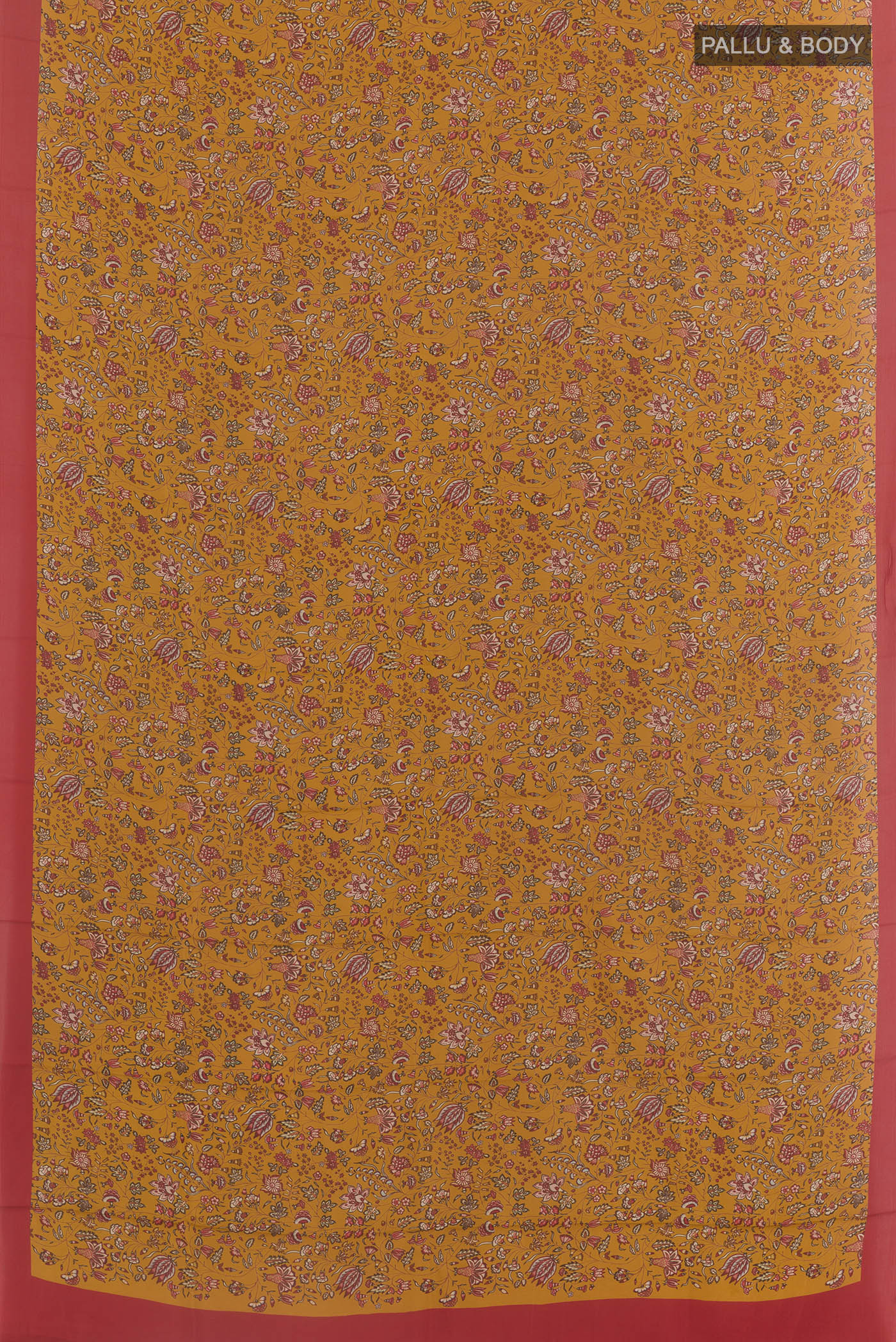 Flat view of Mustard Printed Silk Saree with Printed design on the body and Printed Border. 