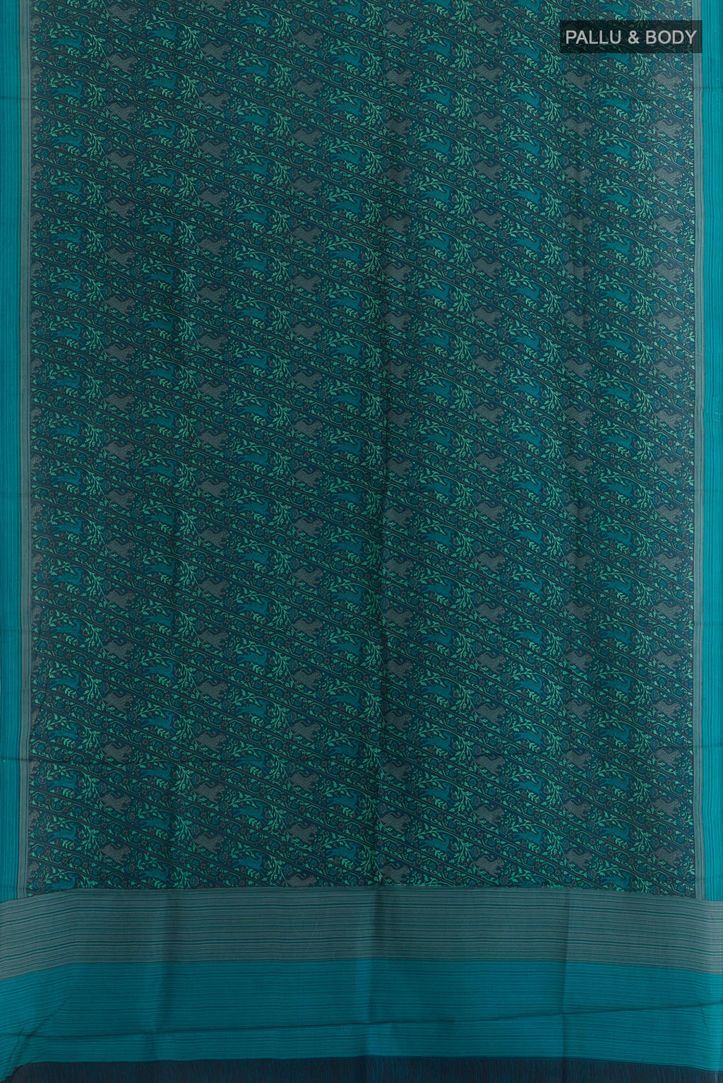 Flat view of Dark Blue Printed Silk Saree with Printed design on the body and Plain Border. 