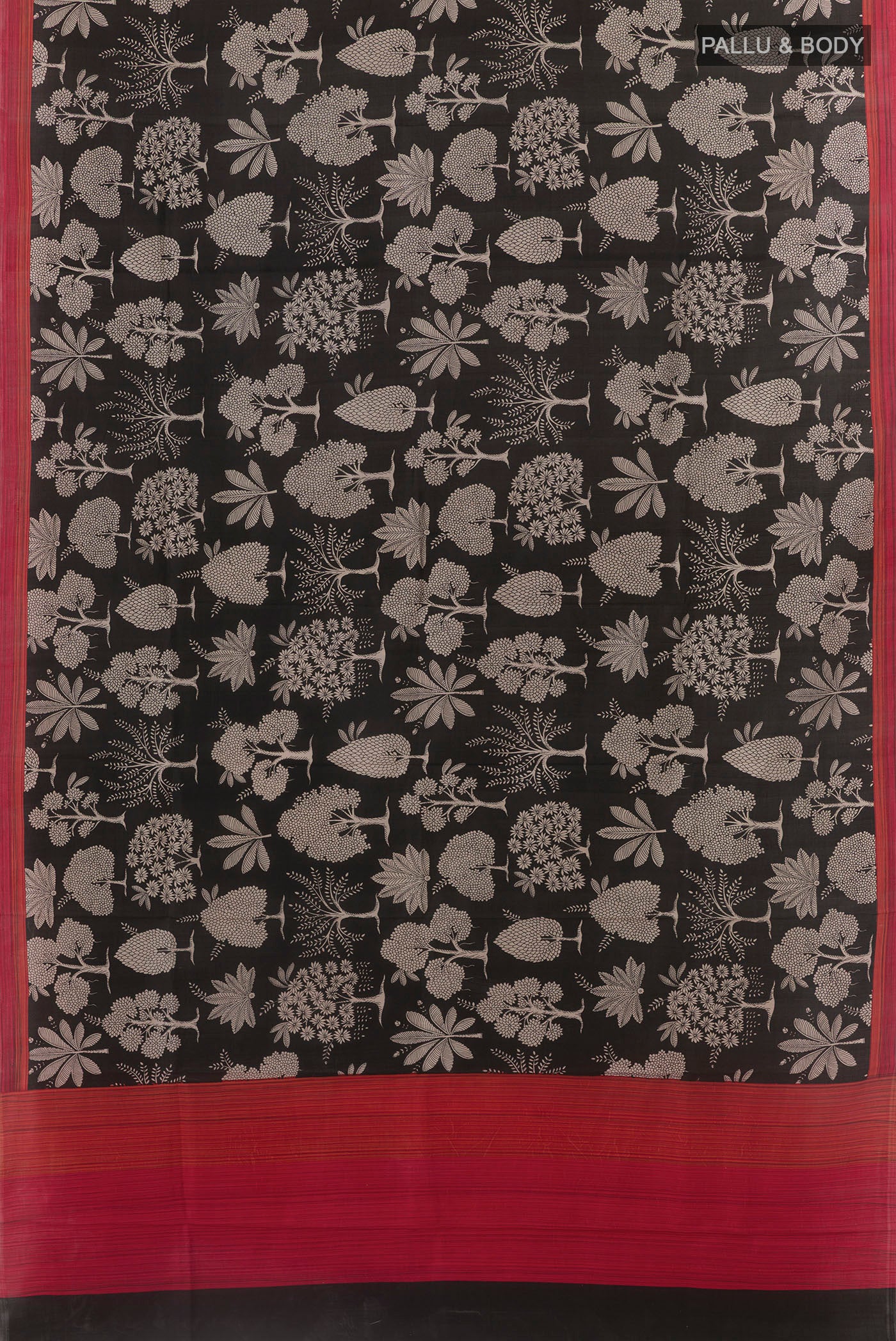 Flat view of Black Printed Silk Saree with Floral Print on the body and Plain Border. 