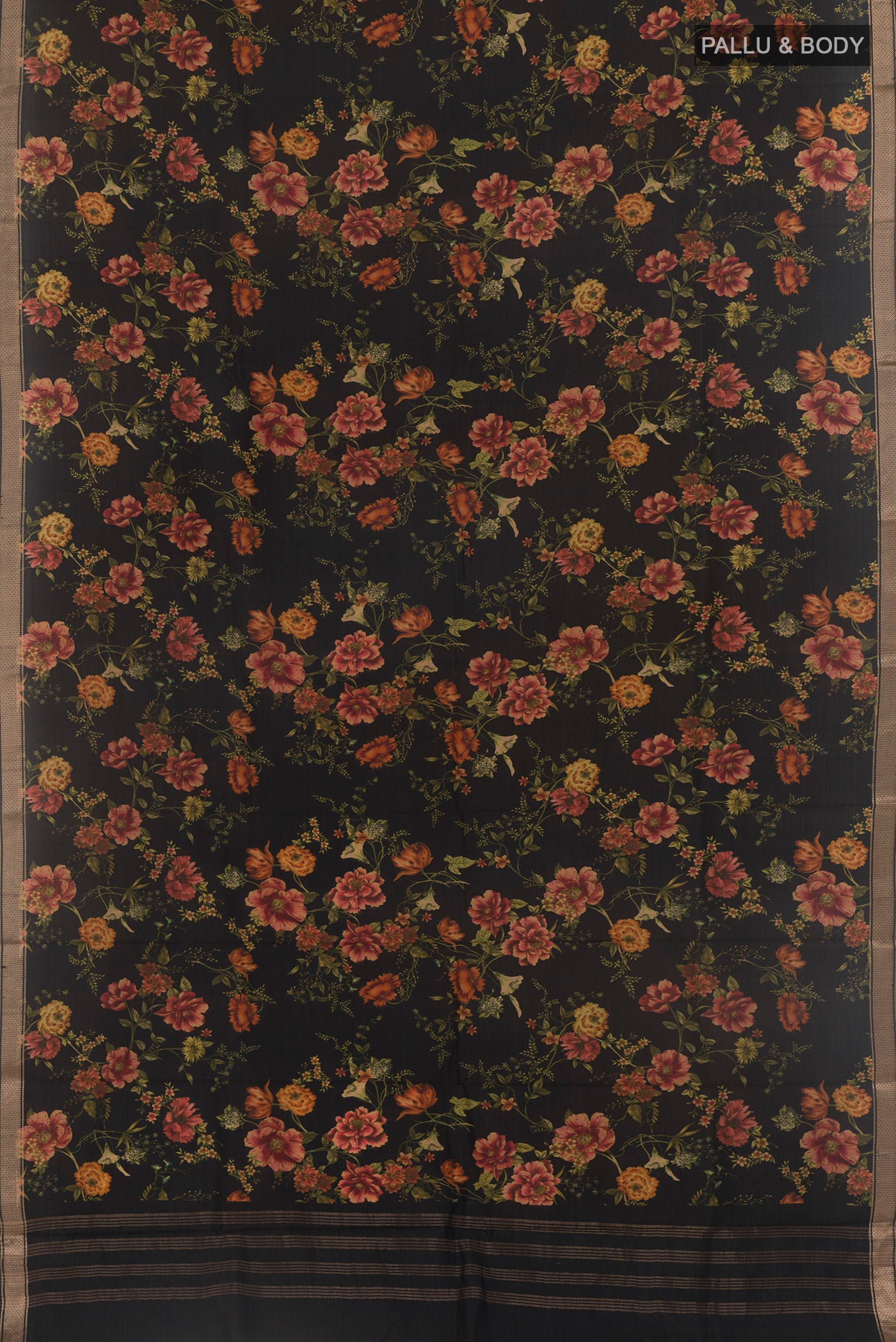Flat view of Black Printed Silk Saree with Floral Print on the body and Zari Border. 
