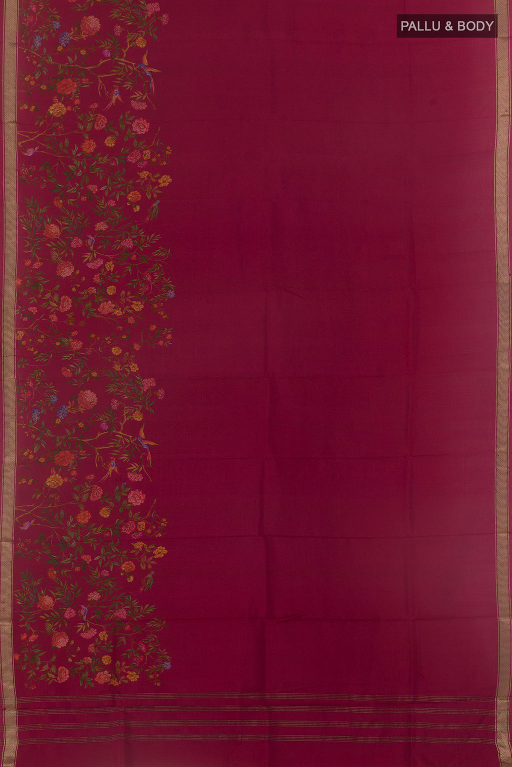 Flat view of Dark Pink Printed Silk Saree with Plain Body and Zari Border. 