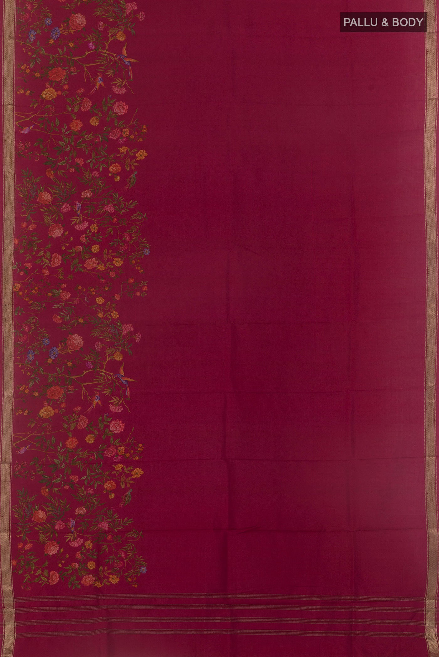 Flat view of Dark Pink Printed Silk Saree with Plain Body and Zari Border. 