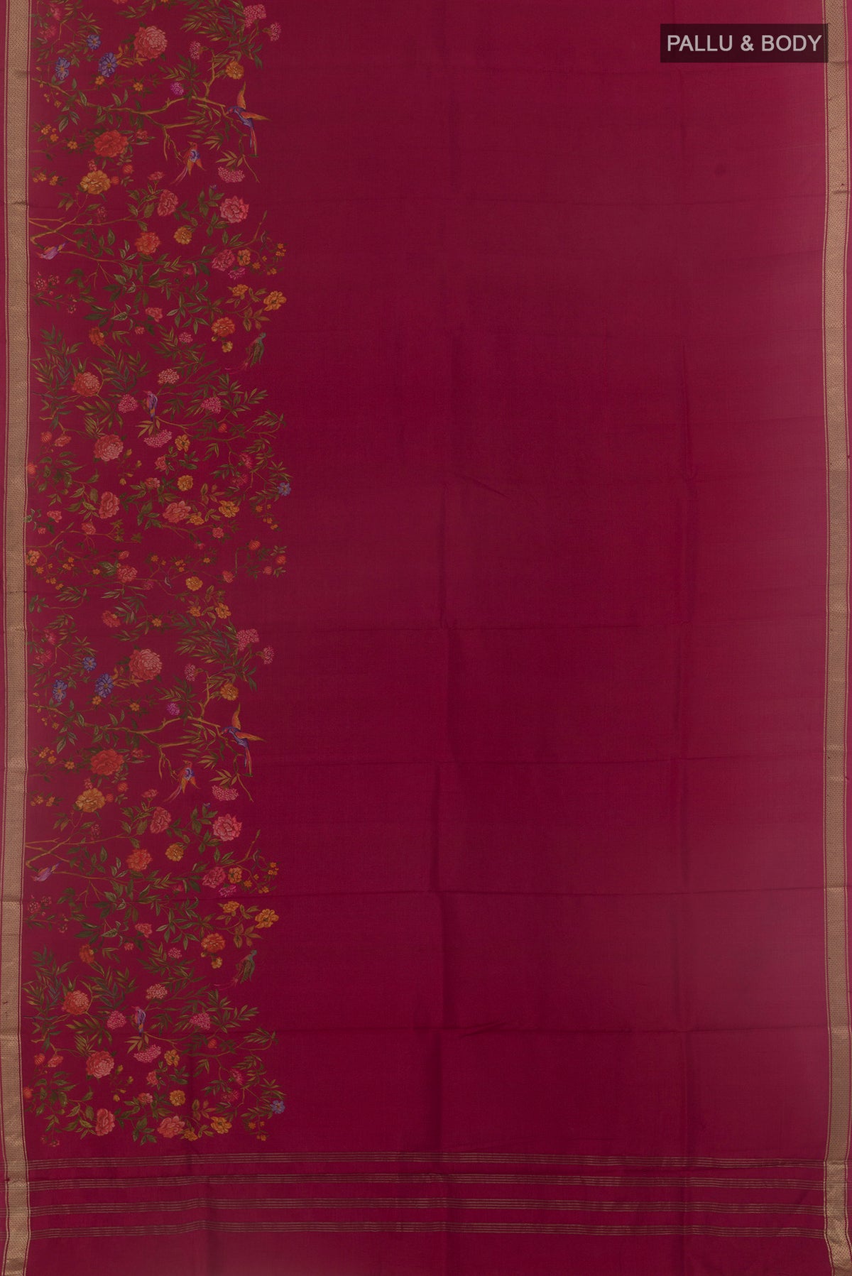 Flat view of Dark Pink Printed Silk Saree with Plain Body and Zari Border. 