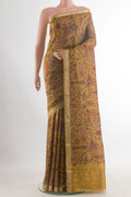 Pure Silk Mustard Printed Saree with Printed design on the body and Zari Border.  displayed on a mannequin